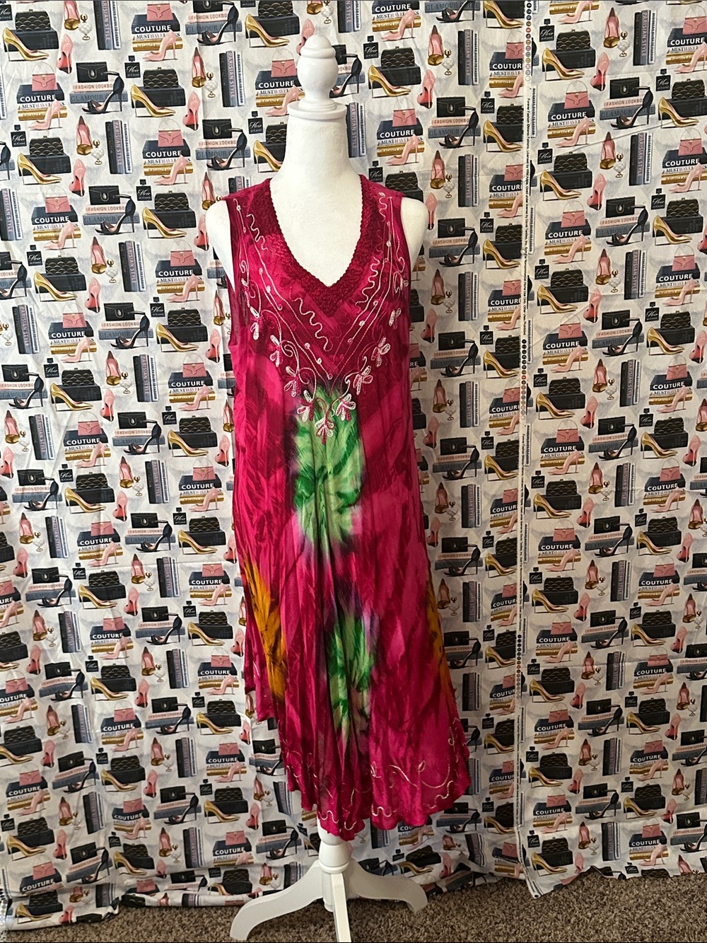 Sleeveless Fuchsia Tie-Dye Mini Dress with Embroidered V-Neck